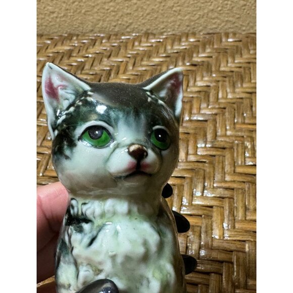 Vintage Japanese Nippon Yoko Boeki Ceramic Cat Figurine With Green Eyes 1940"s - Picture 5 of 8